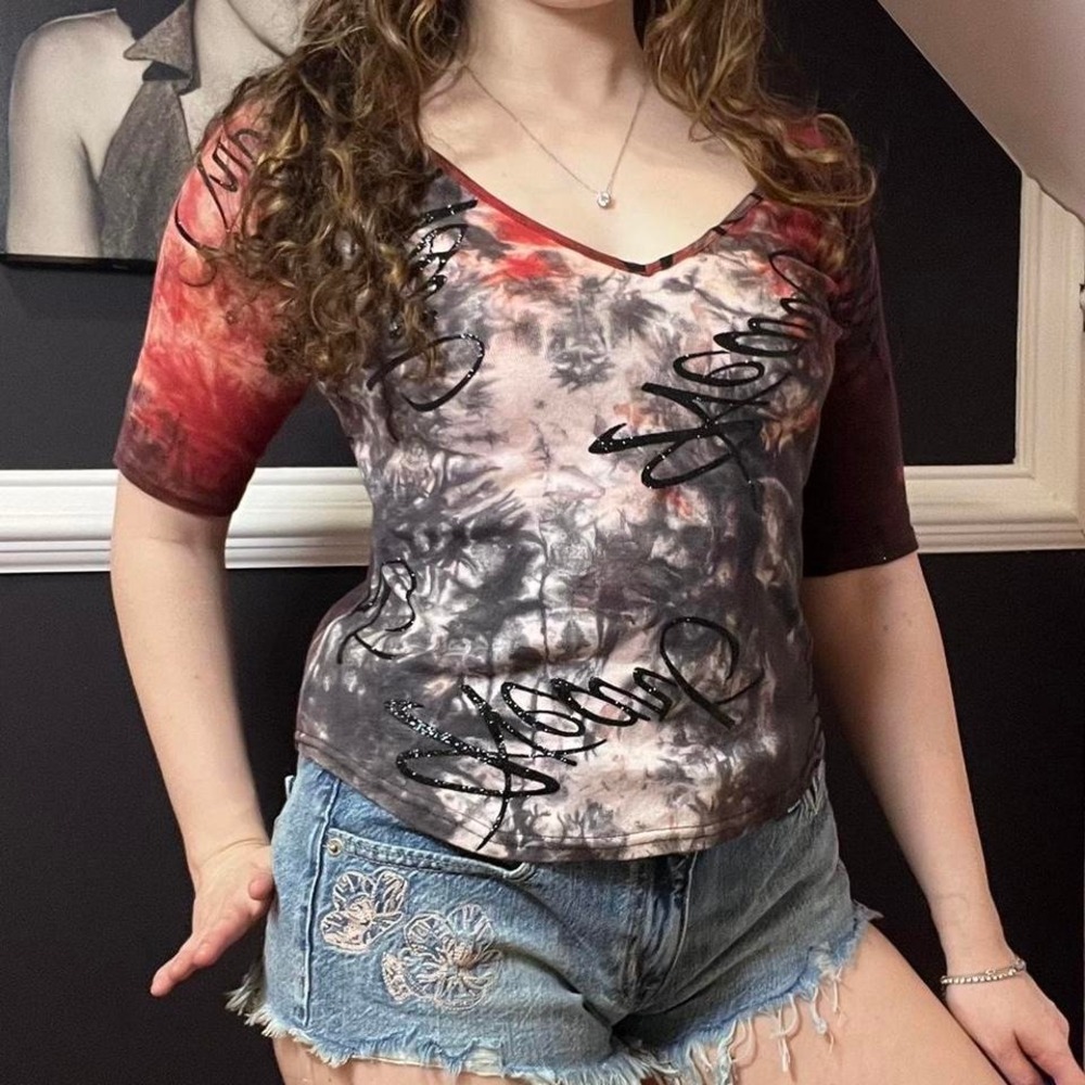 y2k red and black glitter tie die 3/4 sleeve top small